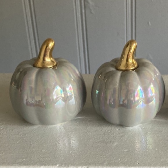 SOLD NWT Set of 2- Gray Iridescent Ceramic Pumpkins w/ Gold Stems Decorations - Picture 5 of 16